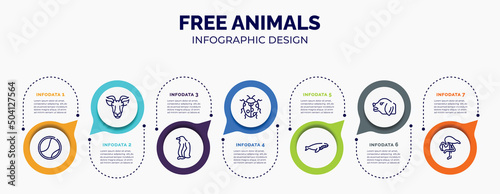 infographic for free animals concept. vector infographic template with icons and 7 option or steps. included tennis ball, goat head, sitting penguin, spots ladybug, whale swimming, angry dog,