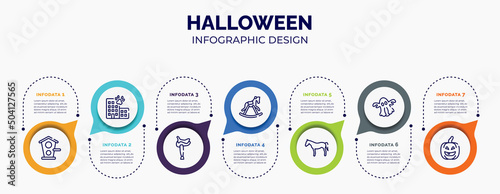 infographic for halloween concept. vector infographic template with icons and 7 option or steps. included birds home, hotel building, horse saddle, horse rocker black, horse black side shape, ghost,
