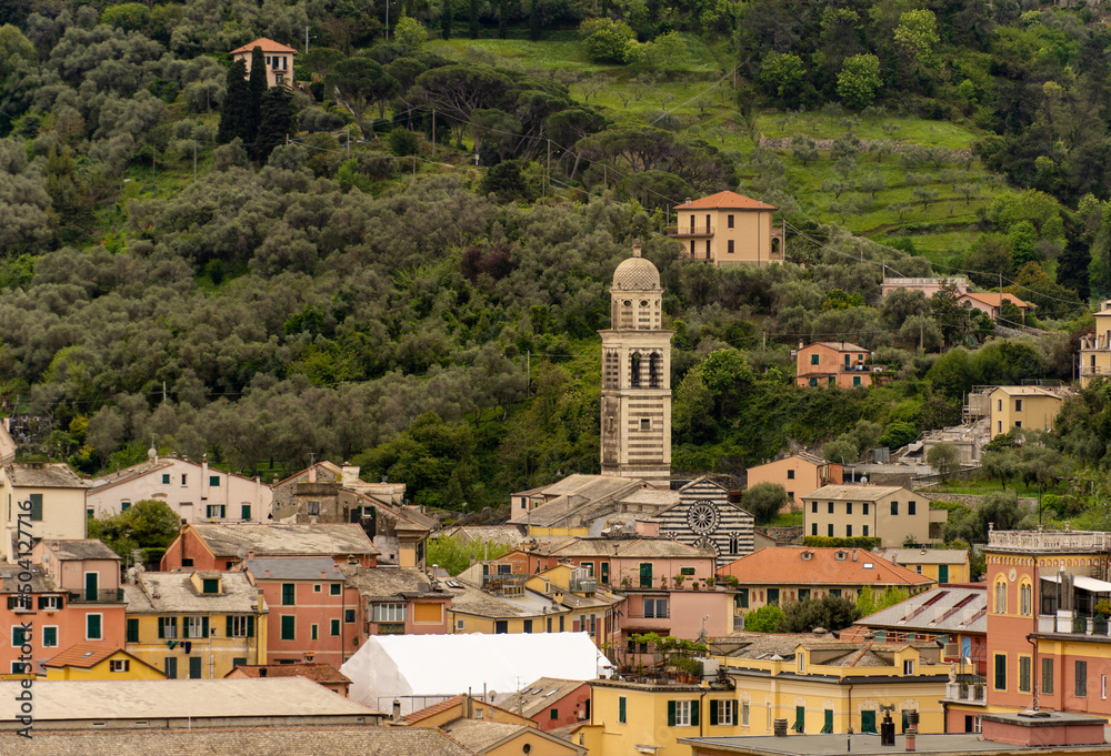 Naklejka premium Italy Liguria La Spezia Levanto 5 Terre, panoramic view of the town of the sea, in the background the church of Sant'Andrea