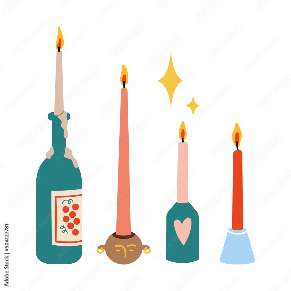 Various taper Candles. Different candlesticks, cartoon style. Trendy modern vector illustration Various taper Candles. Different candlesticks, cartoon style. Trendy modern vector illustration