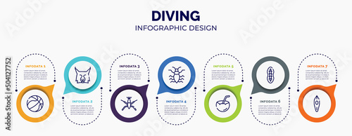 infographic for diving concept. vector infographic template with icons and 7 option or steps. included basketball ball, lynx, pond skater, antlion, coconut drink, plankton, canoe for abstract
