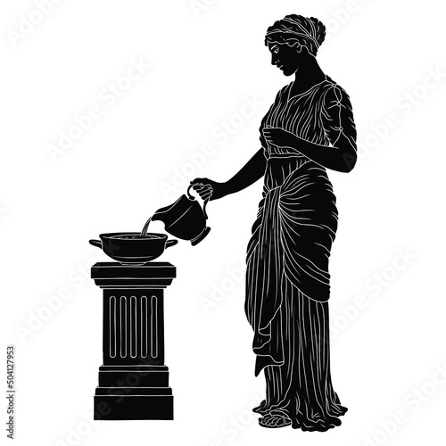 A young slender ancient Greek woman in tunic with a jug pouring water into a bowl. Figure isolated on white background.