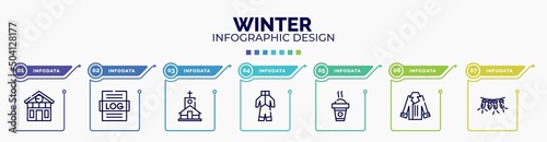 infographic for winter concept. vector infographic template with icons and 7 option or steps. included chalet, logs, chapel, snowsuit, hot drink, coat, lights editable vector.