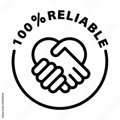 100% reliable black outline badge icon label isolated vector on transparent background handshake