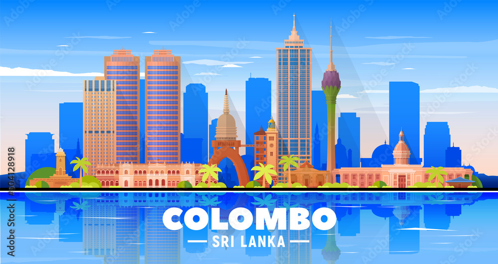 Colombo (Sri Lanka) skyline with panorama in sky background. Vector Illustration. Business travel and tourism concept with modern buildings. Image for presentation, banner, placard and web site.