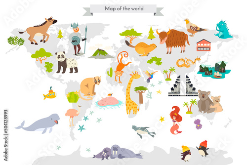 Abstract illustrated world map. Cute colorful vector illustration for children  kids