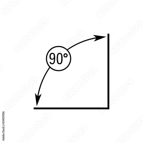 90 degrees angle vector icon. Right angle symbol with arrow. Isolated illustration on white background. 