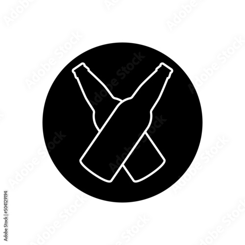 Two crossed beer bottles round icon. Black and white silhouette. Isolated vector illustration on white background.