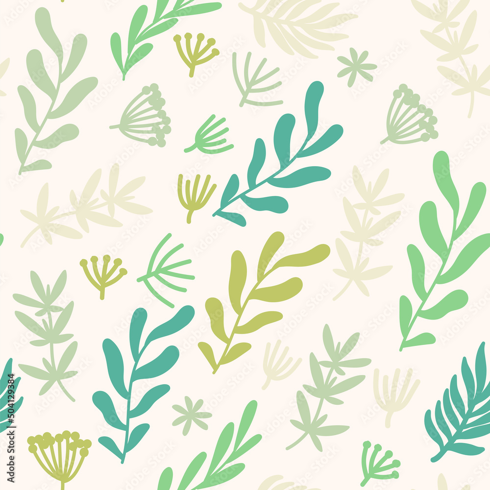 Herbal, leaf and floral vector pattern. Flower and green leaves seamless background 