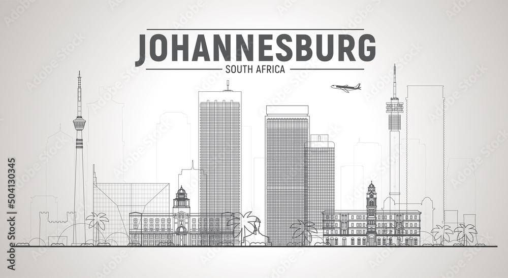 Naklejka premium Johannesburg, ( South Africa ) line city skyline vector illustration white background. Business travel and tourism concept with modern buildings. Image for presentation, banner, web site.
