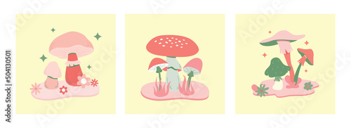 Various magic hallucinogenic mushrooms. Fantasy cute elements. Retro cartoon mushrooms on the grass. Abstract modern design. Hippie style. Vector flat illustration on an isolated background.