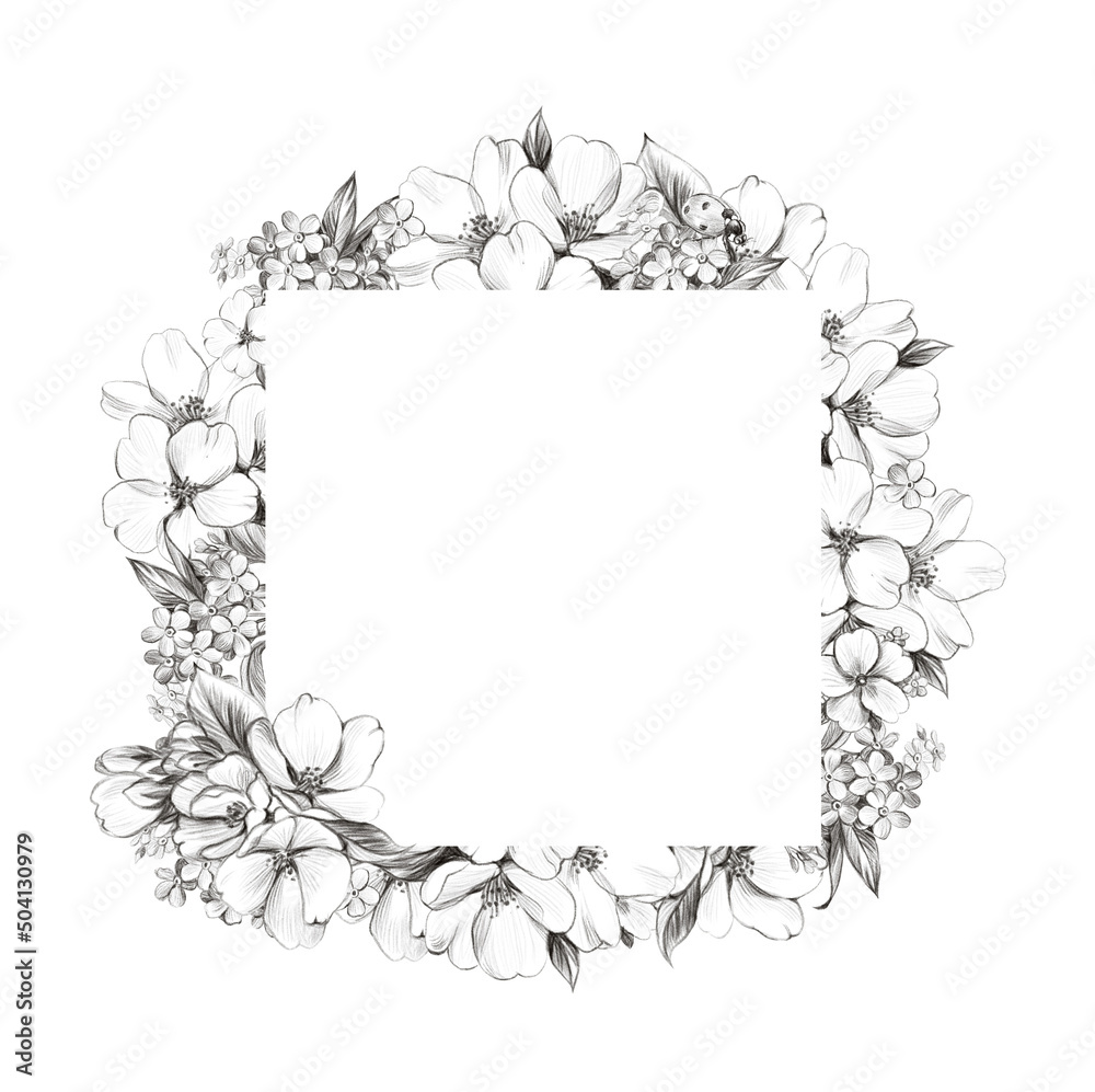 Square vintage frame with spring flowers. Pencil drawing.