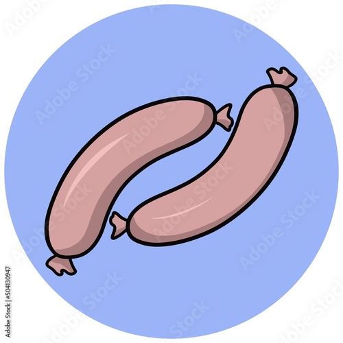 Juicy meat delicious pink sausages, vector illustration in cartoon style. Round card icon