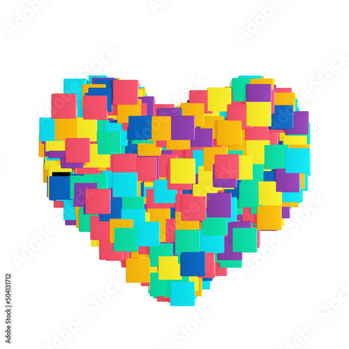 Heart made of small multi-colored squares isolated on a white background. Patchwork heart. 3d illustration