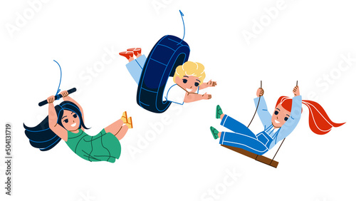 Boy And Girl Swinging On Swing And Bungee Vector. Happiness Children Swinging Togetherness And Playing On Playground. Characters Kids Funny Leisure Time Outdoor Flat Cartoon Illustration