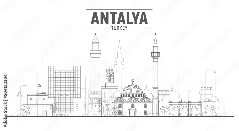 Antalya ( Turkey ) line skyline with panorama in blue background. Vector Illustration. Business travel and tourism concept with modern buildings. Image for presentation, banner, placard and web site.