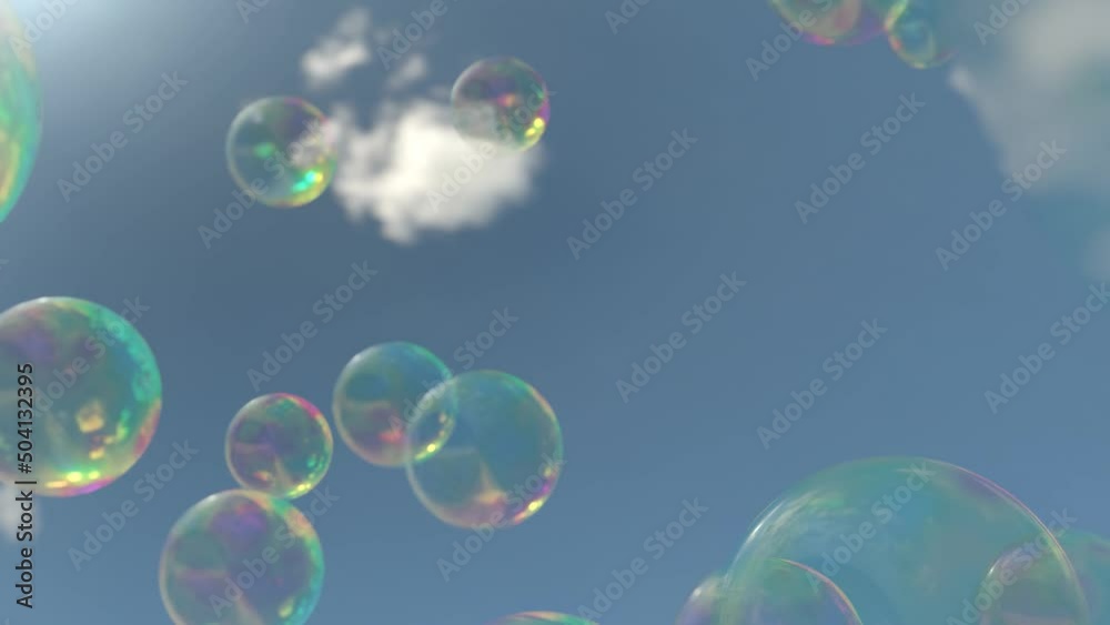 Soap bubbles sky 3d render animation. Colorful transparent soap bubbles floating away from camera to blue bright sky with white clouds. Soap bubbles sky 3d render animation. Colorful transparent soap bubbles floating away from camera to blue bright sky with white clouds.