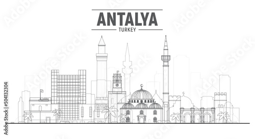Antalya ( Turkey ) line skyline with panorama in blue background. Vector Illustration. Business travel and tourism concept with modern buildings. Image for presentation, banner, placard and web site.