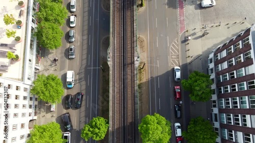 Eberswalder starße street subway is the party club station Breathtaking aerial view flight sinking down drone footage of Berlin Prenzlauer Berg Schönauer Allee Spring 2022 Cinematic by Philipp Marnitz photo