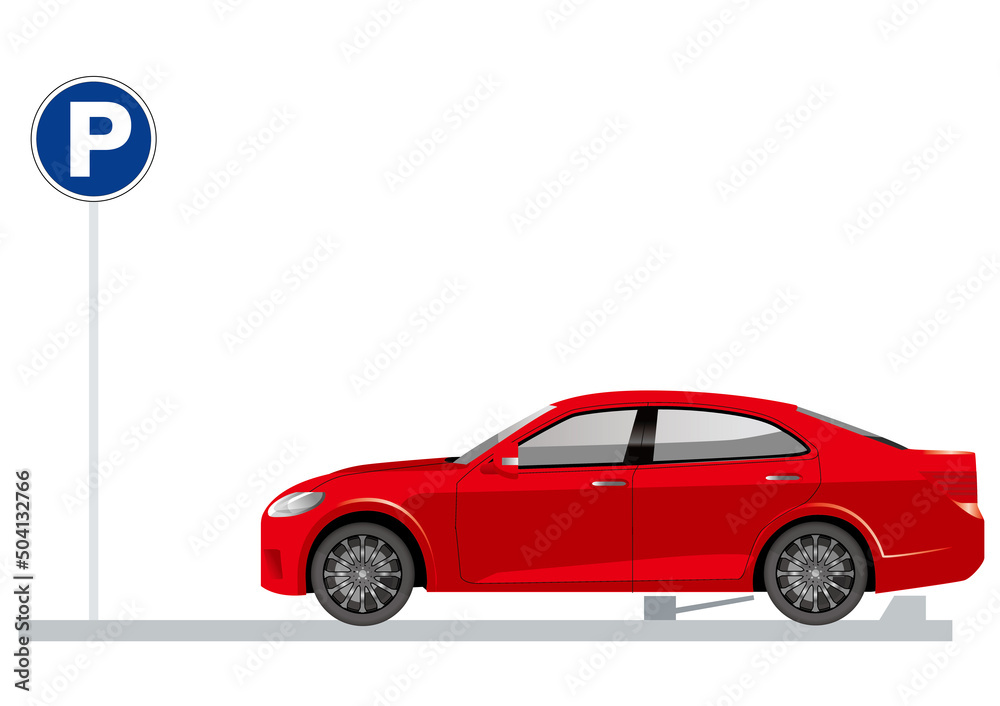 コインパーキングに止まるセダン 自動車の側面横向きのイラスト 白背景 パーキング標識 Stock ベクター | Adobe Stock