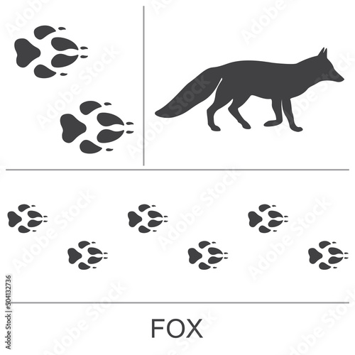 Silhouette and footprints of a fox. Vector illustration on a white background.