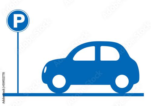 パーキングの標識に止まる自動車の側面横向きのアイコン・イラスト　白背景　パーキング標識