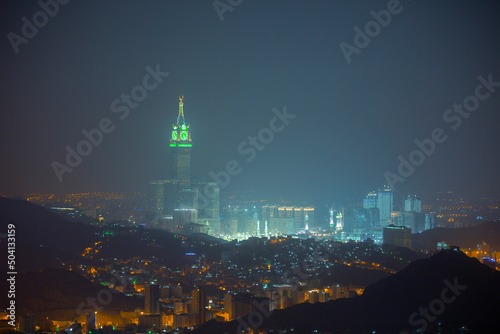 Skyline with Abraj Al Bait (Royal Clock Tower Makkah) in Makkah, Saudi Arabia. The tower is the tallest clock tower in the world at 601m (1972 feet).