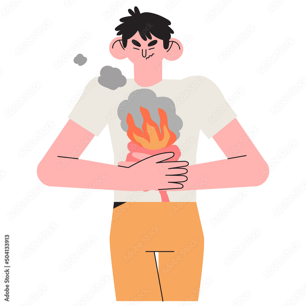 Male character with gastritis symptoms. Digestive system disease