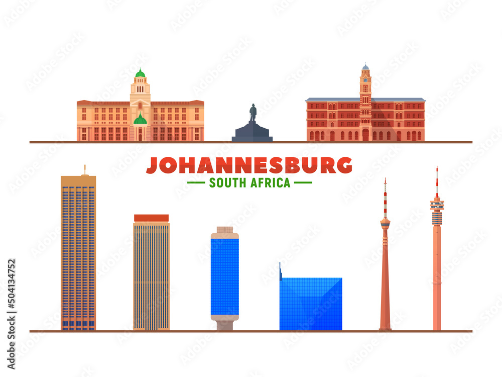 Fototapeta premium Johannesburg, ( South Africa ) city landmarks on white background. Business travel and tourism concept with famous buildings. Image for presentation, banner, web site.