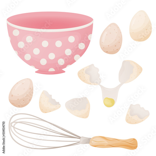 Eggs and bowl kitchen collection. Preparing the pie. Vector illustration