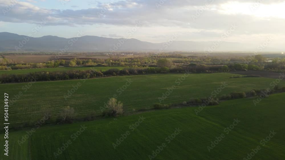 Aerial view of Vacha River, pouring into the Maritsa River near city of Plovdiv, Bulgaria