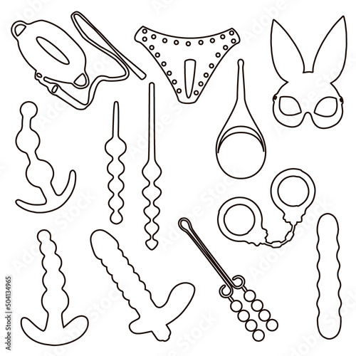 Illustration of sex toys on a white background. A set of erotic objects.