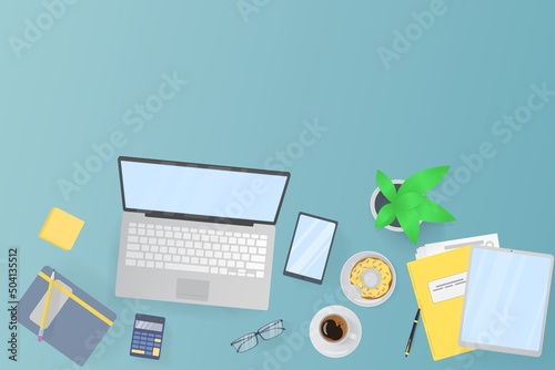 Workplace for business, management, finances and self office. Place for text. View from above. notebook and office supplies on the desktop.