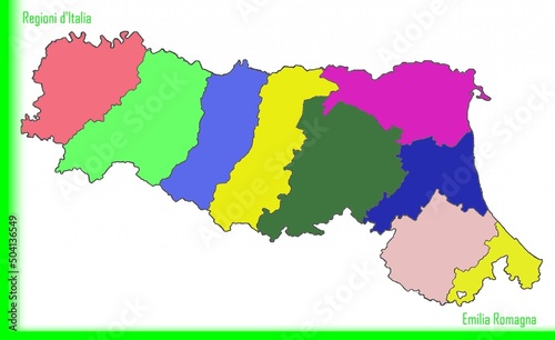 Italy  Design of the Emilia Romagna Region with the colored provinces.