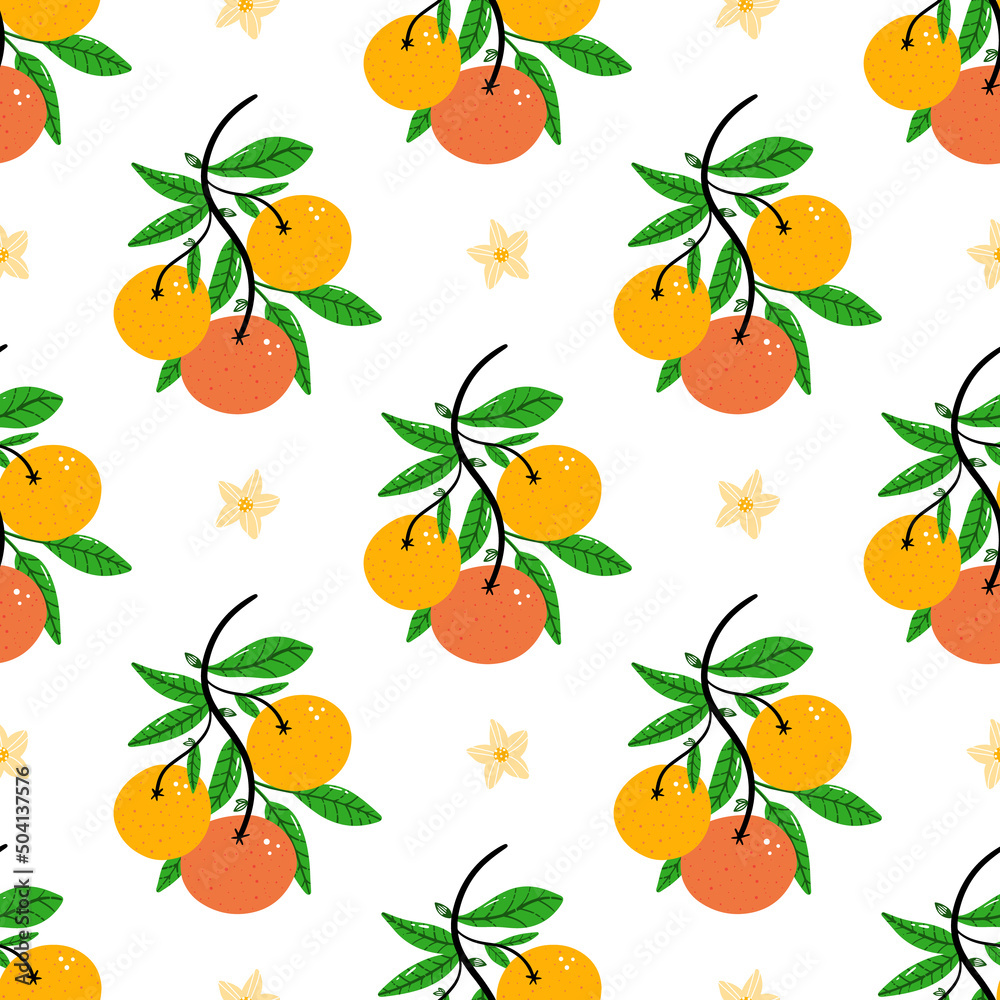 Cute cartoon style orange tree branch with fresh orange fruits, flowers and leaves vector seamless pattern background.