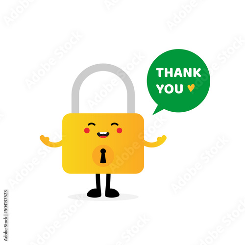 Cute smiling cartoon style golden lock character with speech bubble saying thank you, showing appreciation, gratitude.