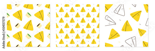 Set, collection of three vector seamless pattern backgrounds with cute cartoon style samosa, indian baked savory pastry and sauces.