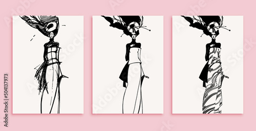 Fashion models, hand drawn sketch, stylized silhouettes isolated . Set of step by step vector illustrations.