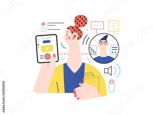 Technology Memphis - educational technology -modern flat vector concept digital illustration of distant education via application, student and tutor video chat. Creative landing web page illustration