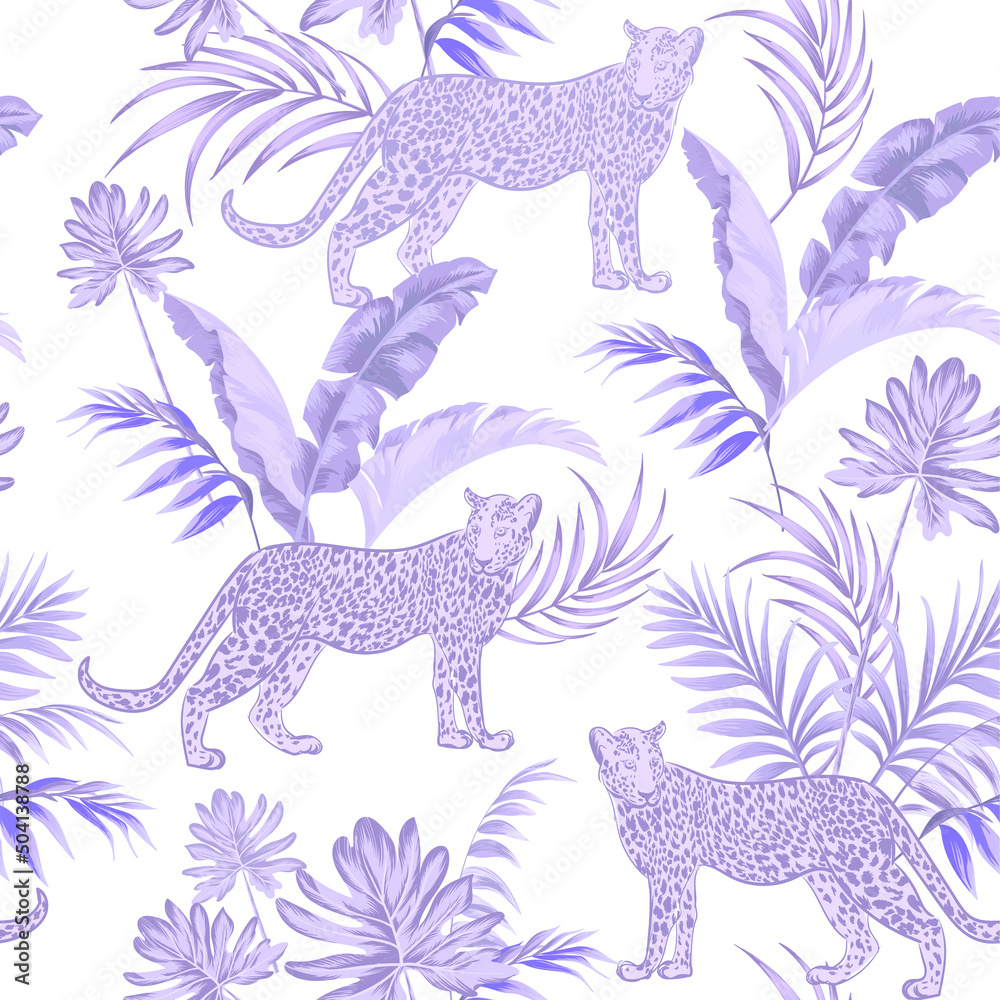 Obraz premium Safari background. Jungle wild seamless pattern with leopard, palm leaves. Isolated elements. Summer print. Exotic wallpaper.