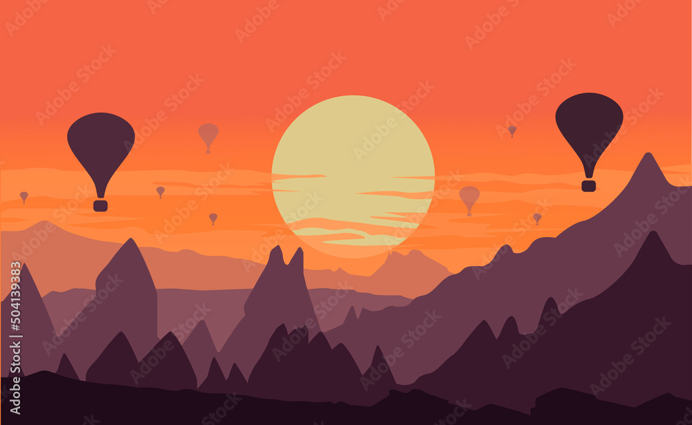 Fototapeta premium Sunset silhouette. Balloons.hot air balloon at mountain landscape vector flat design illustration