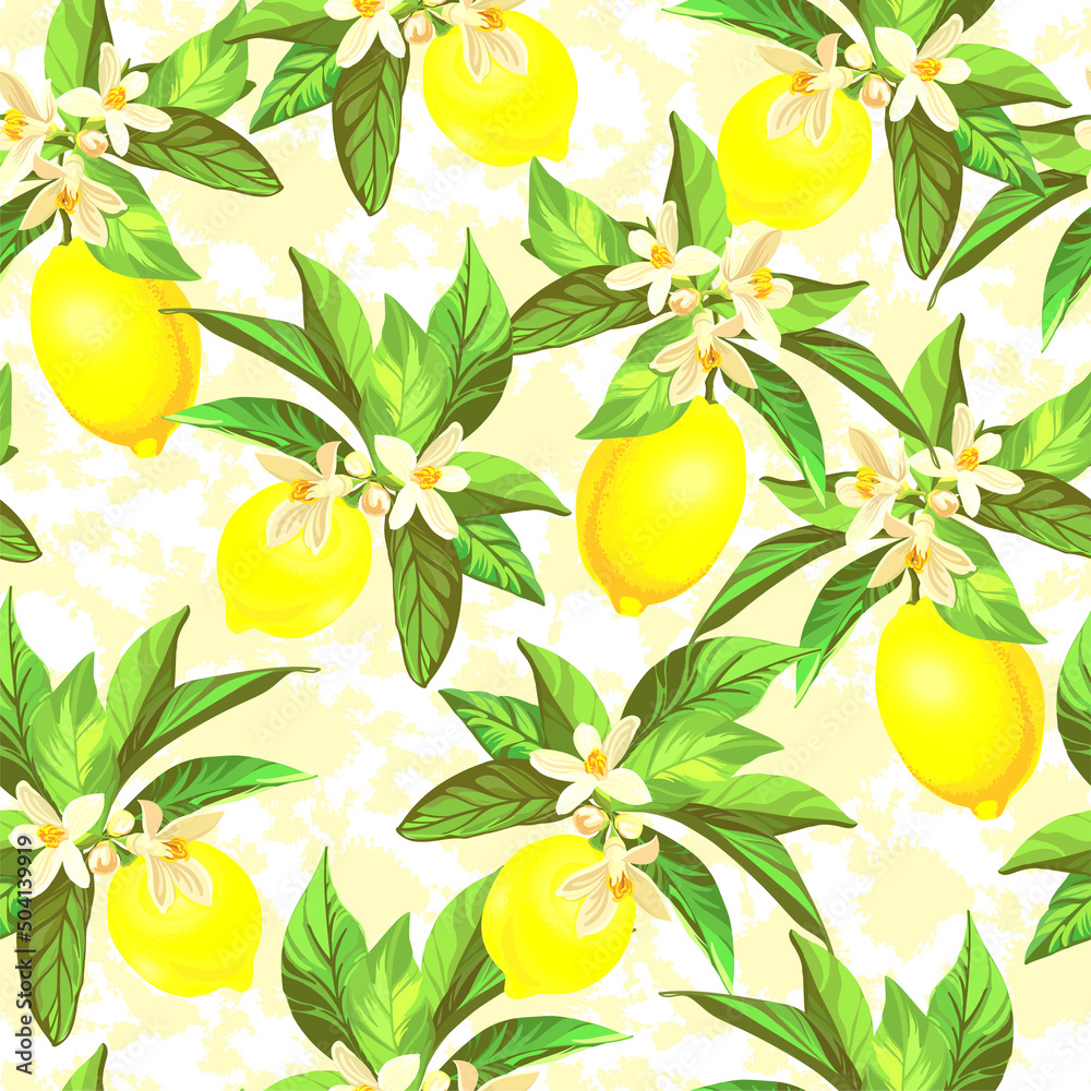 Lemon citrus vector pattern. Botanical vector illustration. Summer background. Floral design. Wallpaper print.
