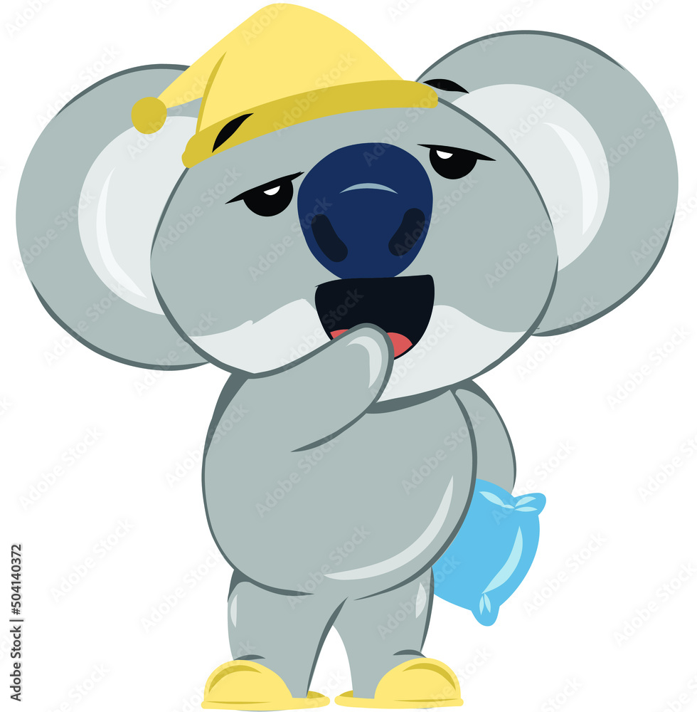 Naklejka premium Sleepy koala bear yawning while holding a pillow. Sleep deprived cute adorable anthropomorphized Australian animal.