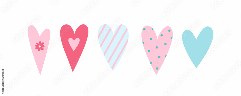 Collection of cute decorated hearts. Romantic vector illustrations set. Postcard, stickers or tape decor