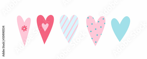 Collection of cute decorated hearts. Romantic vector illustrations set. Postcard, stickers or tape decor