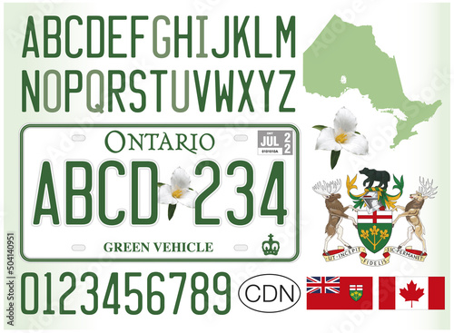 Ontario green electric car license plate, Canada, letters, numbers and symbols, vector illustration