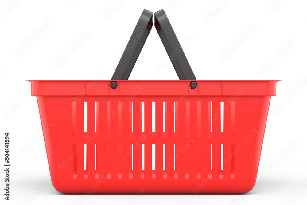 Fototapeta premium Plastic basket from supermarket for online shopping on white background.