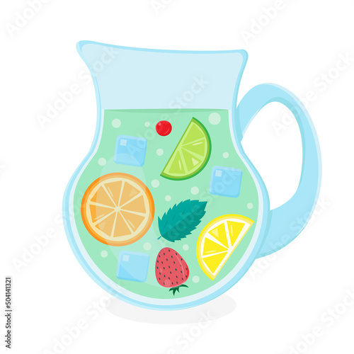 Summer cocktail in jug. Drink with berries, fruits and mint leaves