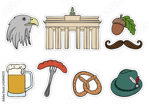 Vector stickers set of Germany's symbols. Travel illustration with german landmarks, food and symbols