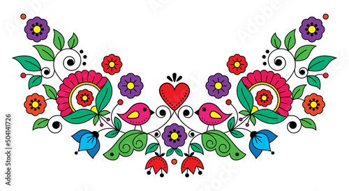 Scandianvian traditional folk art vector design with flowers  birds and heart  cute long pattern inspired by embroidery art from Scandinavia 